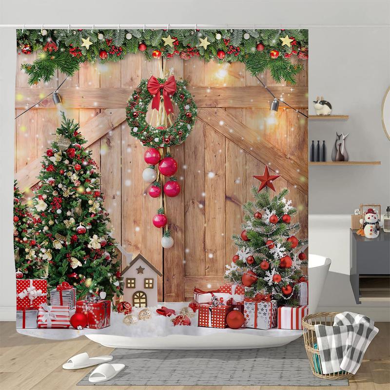 PAUSEBOLL Farmhouse Christmas Shower Curtain, Winter Xmas Tree Home Decor Wooden Barn Door Fabric Shower Curtains for Bathroom, Country Vintage Snowflake 72x72 Inch