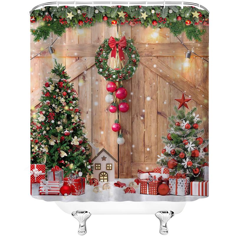 PAUSEBOLL Farmhouse Christmas Shower Curtain, Winter Xmas Tree Home Decor Wooden Barn Door Fabric Shower Curtains for Bathroom, Country Vintage Snowflake 72x72 Inch