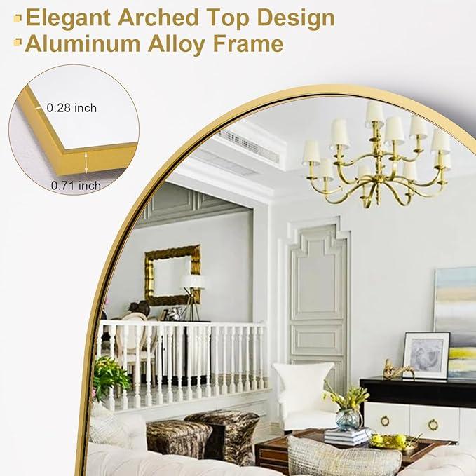 Full Length Mirror, 64''x21'' Gold Arched Mirror Large Floor Mirror Standing Leaning Hanging [64''x21'' - Gold]Floor Standing Mirror, Wall Mirror with Stand Aluminum Alloy Thin Frame，Floor Mirror for Bedrooms, Bathrooms, Living Room (Gold)Home Decor