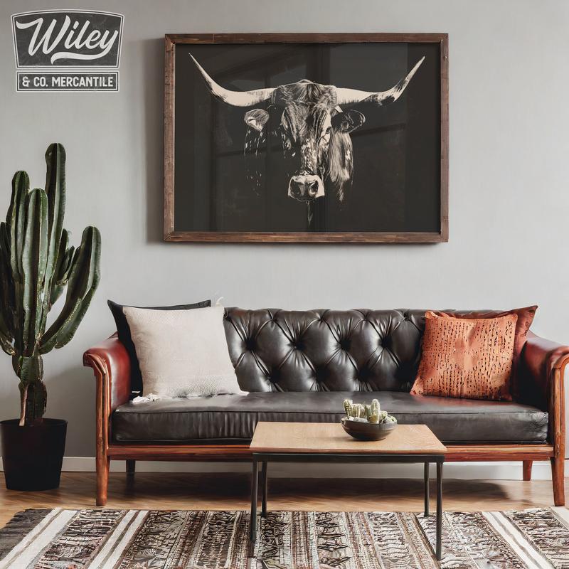 Texas Longhorn Art Poster No Frame, Black and White Modern Western Art Print, Large Western Living Decor, Ranch House Wall Art, Wild West Cow Prints