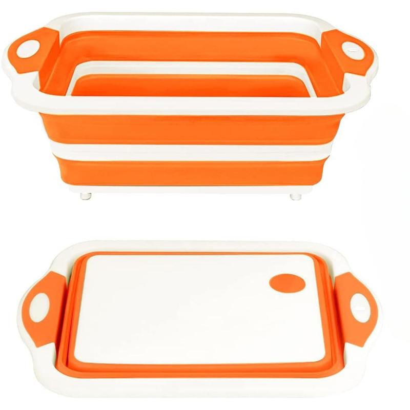 Collapsible , with Colander, Multifunctional Kitchen Vegetable Washing Basket Silicone Dish Tub for BBQ Prep Picnic Camping(Orange) Organiser