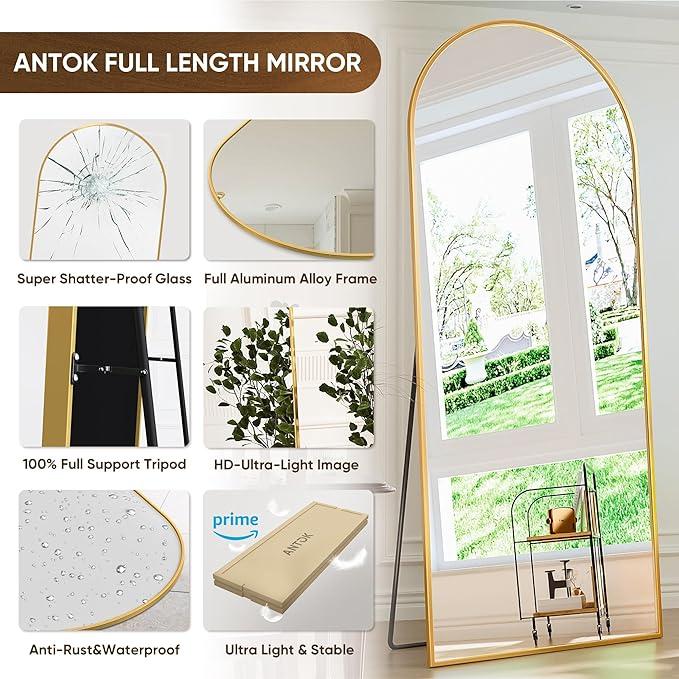 Full Length Mirror, 64''x21'' Gold Arched Mirror Large Floor Mirror Standing Leaning Hanging [64''x21'' - Gold]Floor Standing Mirror, Wall Mirror with Stand Aluminum Alloy Thin Frame，Floor Mirror for Bedrooms, Bathrooms, Living Room (Gold)Home Decor