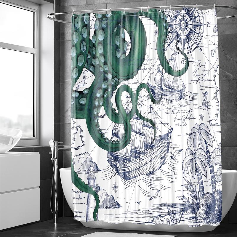 Octopus Print Bath Curtain with Hooks, 1 Count Modern Waterproof Shower Curtain with 1 Count Random Color Curtain Strap, Bathroom Accessories for Decor