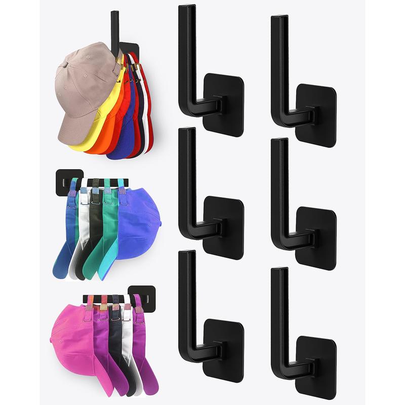 Hat Rack for Hat Storage (6-Pack), Multi-purpose Organizer, Strong Adhesive Hat Hooks, Wall-mounted Baseball Caps Organizer, Black