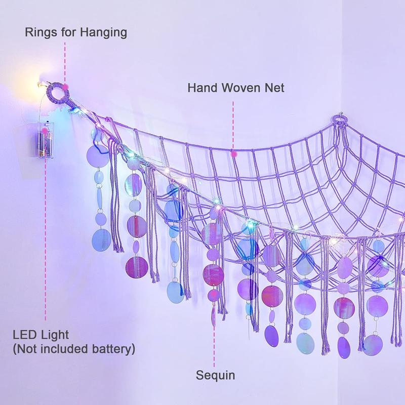 Stuffed  Hammock Net  Storage Organizer with LED Light, Stuffed  Storage Girls Room Decor Wall Hanging with Sequins for  Bedroom  Playroom, Purple