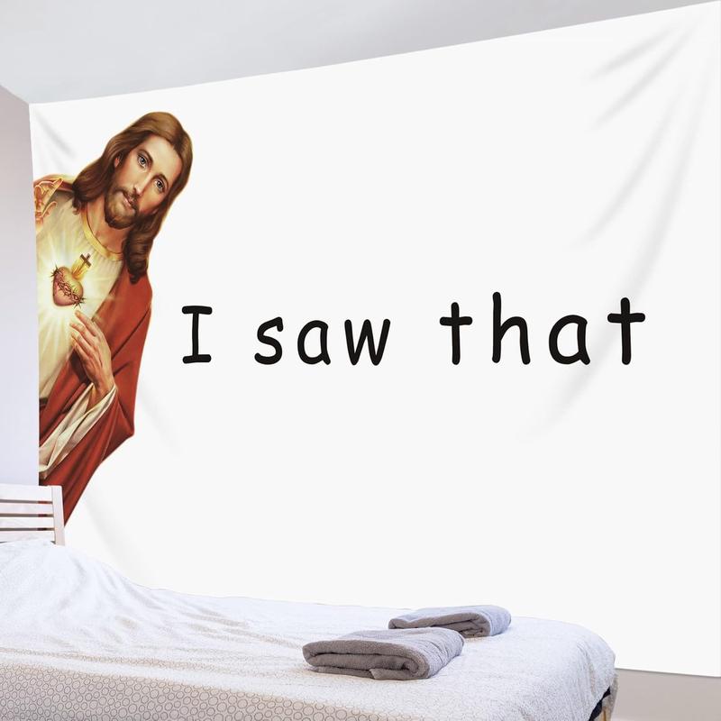 Funny Jesus Tapestry Jesus Christ I Saw That Tapestry Wall Hanging Christmas Wall Tapestry for Bedroom Aesthetic Black White Funny Words Tapestry for Living Room College Dorm Decor, 60Wx40H inch