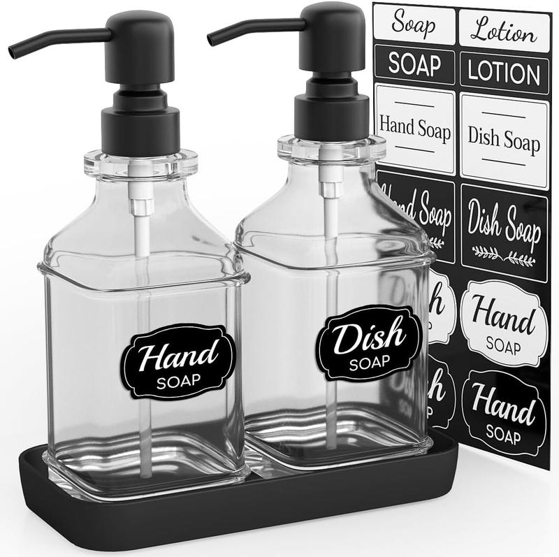 Soap Dispenser - 2 Pack, Antique Design Thick Glass Hand Soap Dispensers with Sturdy Tray; 304 Rust Proof Stainless Steel Black Pump, 12 count Stickers, for Kitchen, Bathroom