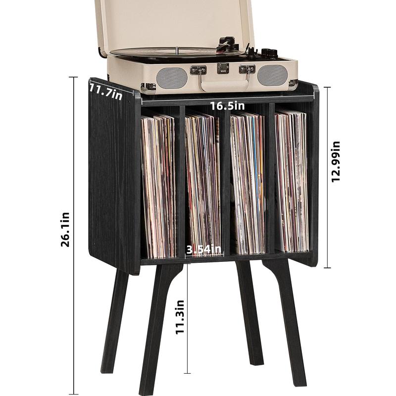 Phonograph stand, black vinyl record storage table with 4 cabinets, which can store up to 100 records, living room vinyl stand display stand bedroom furniture open storage tv console