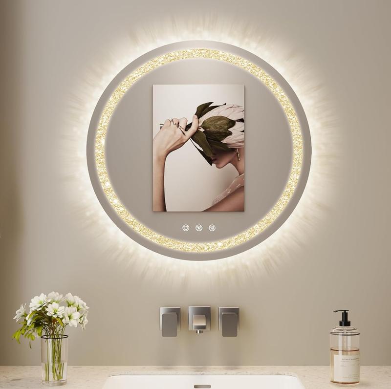 Heart Shape Mirror Home Decor Mirror with Lights, Dressing Room Wall Mirror,Crushed Diamond Mirror for Bedroom, Bathroom, Living Room,  Stepless Dimmable Smart Touch