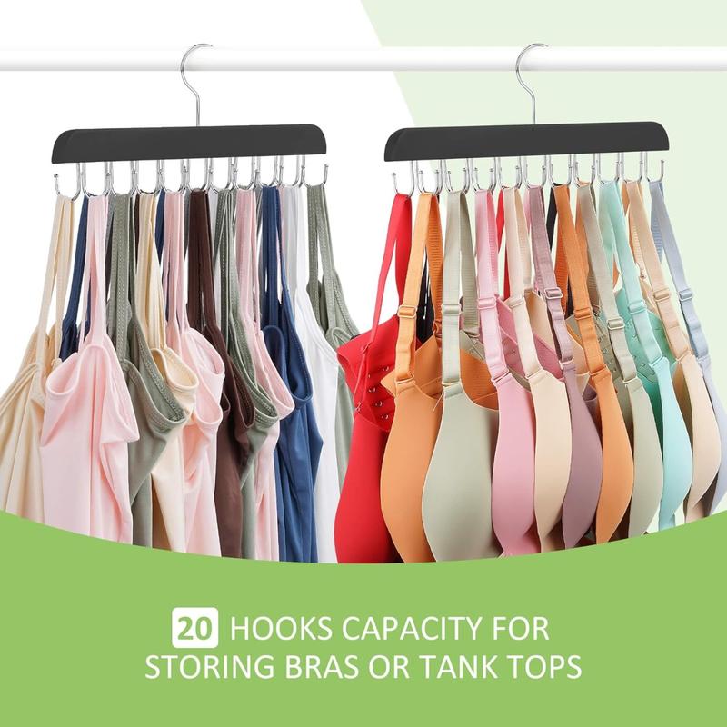 Bra Hanger for Closet, Tank Top Hanger 20 Hooks Capacity Sturdy Wood Space Saving Hanger Sport Bras Holder, Closet OrganizersBlack 1 Pack