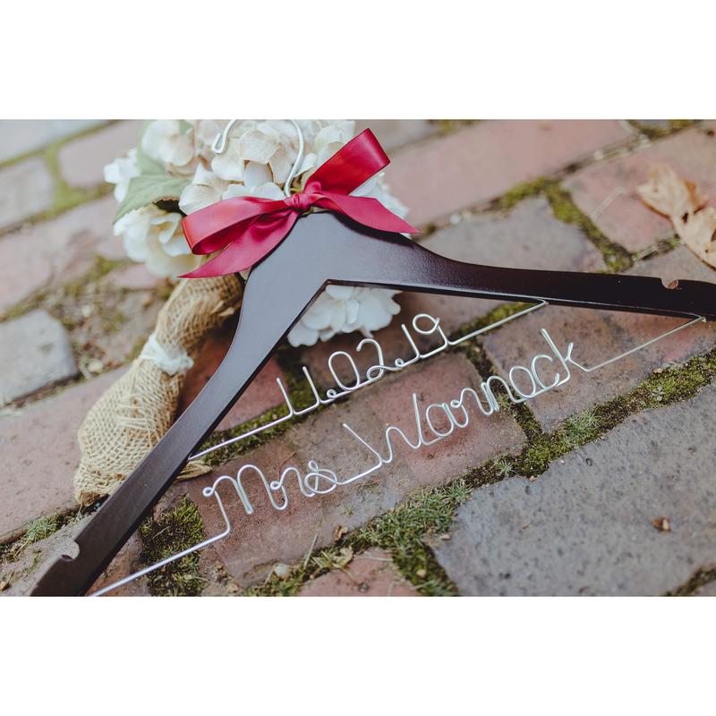 'Bride' Wedding Dress Hanger - Personalized Solid Wood Bridal Hanger with Wire Text in Gold Silver - Walnut Wood - Wedding Organizer