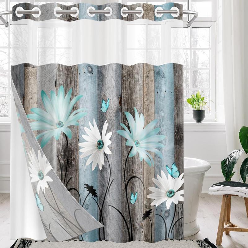 No Hook Rustic Farmhouse Shower Curtain with Snap in Fabric Liner Set, Teal Daisy Flowers and Butterfly on Wooden Double Layers Waterproof with See Through Top Bath Curtain 71x74 Inch