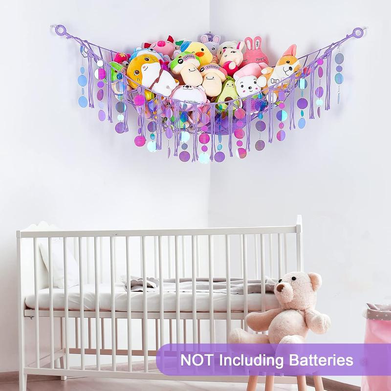 Stuffed  Hammock Net  Storage Organizer with LED Light, Stuffed  Storage Girls Room Decor Wall Hanging with Sequins for  Bedroom  Playroom, Purple