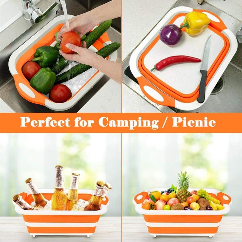 Collapsible , with Colander, Multifunctional Kitchen Vegetable Washing Basket Silicone Dish Tub for BBQ Prep Picnic Camping(Orange) Organiser