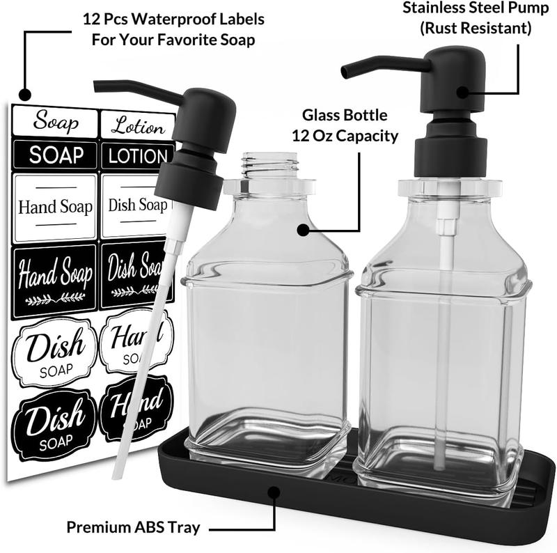 Soap Dispenser - 2 Pack, Antique Design Thick Glass Hand Soap Dispensers with Sturdy Tray; 304 Rust Proof Stainless Steel Black Pump, 12 count Stickers, for Kitchen, Bathroom