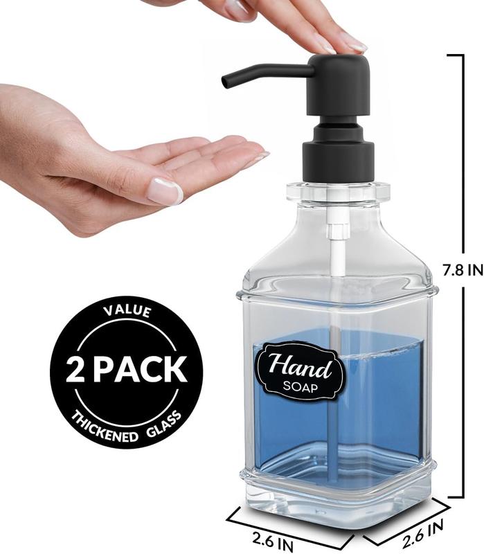 Soap Dispenser - 2 Pack, Antique Design Thick Glass Hand Soap Dispensers with Sturdy Tray; 304 Rust Proof Stainless Steel Black Pump, 12 count Stickers, for Kitchen, Bathroom