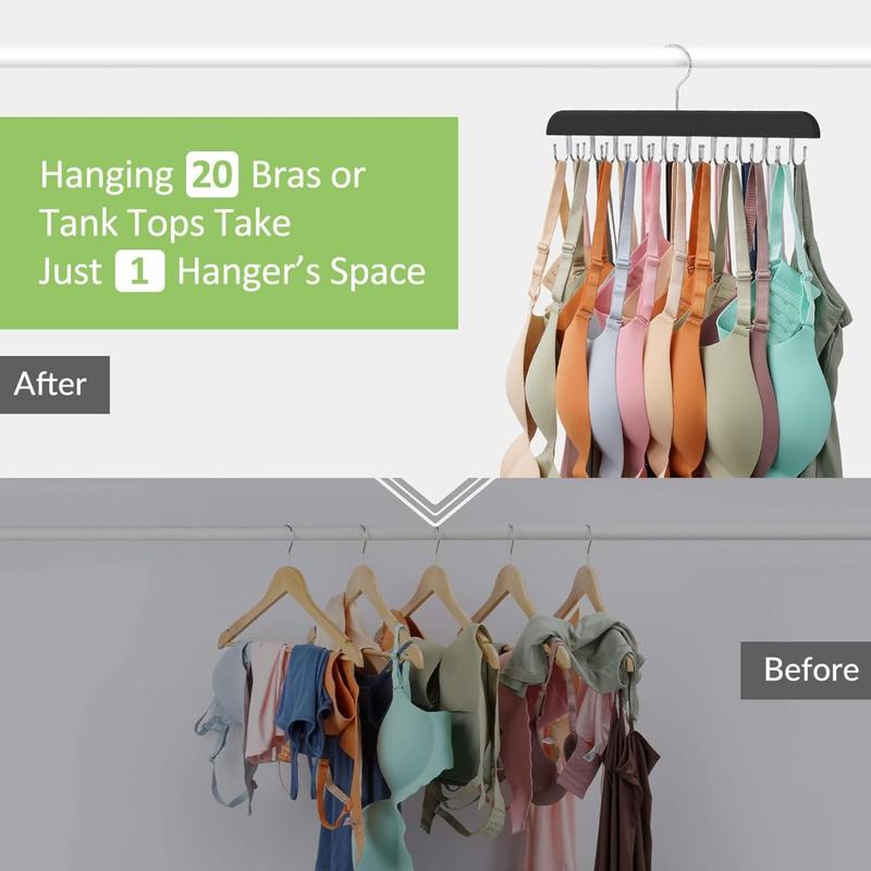 Bra Hanger for Closet, Tank Top Hanger 20 Hooks Capacity Sturdy Wood Space Saving Hanger Sport Bras Holder, Closet OrganizersBlack 1 Pack