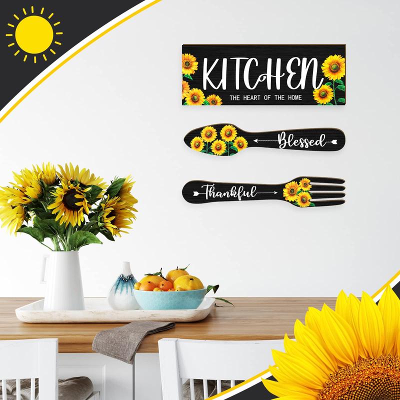 Wooden Sign, 3pcs set Sunflower & Letter Pattern Hanging Sign, Fork and Spoon Summer Farmhouse Wall Art Decor for Kitchen Home