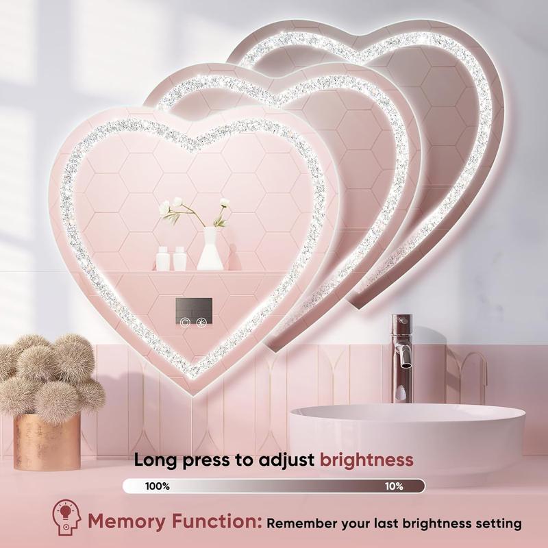 Heart Shape Mirror Home Decor Mirror with Lights, Dressing Room Wall Mirror,Crushed Diamond Mirror for Bedroom, Bathroom, Living Room,  Stepless Dimmable Smart Touch