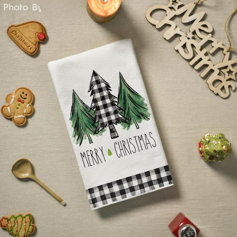 Plaid Truck Trees Kitchen Towels and Dish Towels Merry Christmas, 18 x 26 Inch Winter Drying Cloth  Towels for Cooking Baking Set of 2