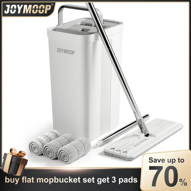 JOYMOOP 50“ Mop and Bucket with 3 Reusable Microfiber Pads Hands Free Flat Squeeze Mop with Wringer Set with Long Handle，White