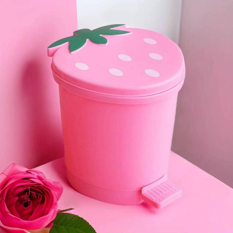 Strawberry Trash Can with Lid Cute Desk Trash Can Plastic Strawberry Garbage Can for Bedroom Small Kawaii Trash Can with 5 Rolls of Garbage Bags