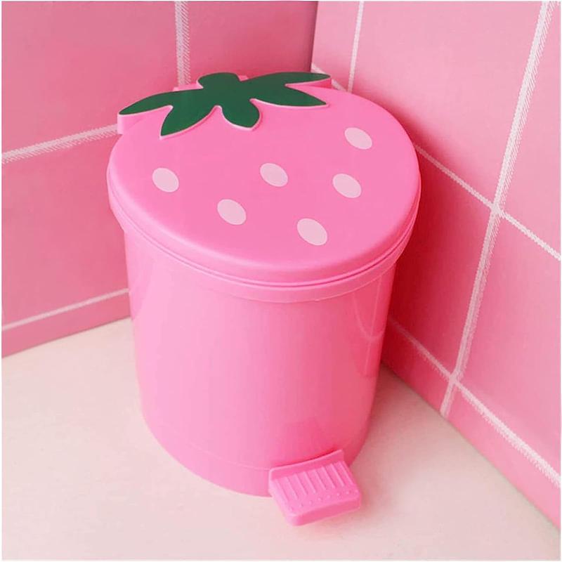 Strawberry Trash Can with Lid Cute Desk Trash Can Plastic Strawberry Garbage Can for Bedroom Small Kawaii Trash Can with 5 Rolls of Garbage Bags