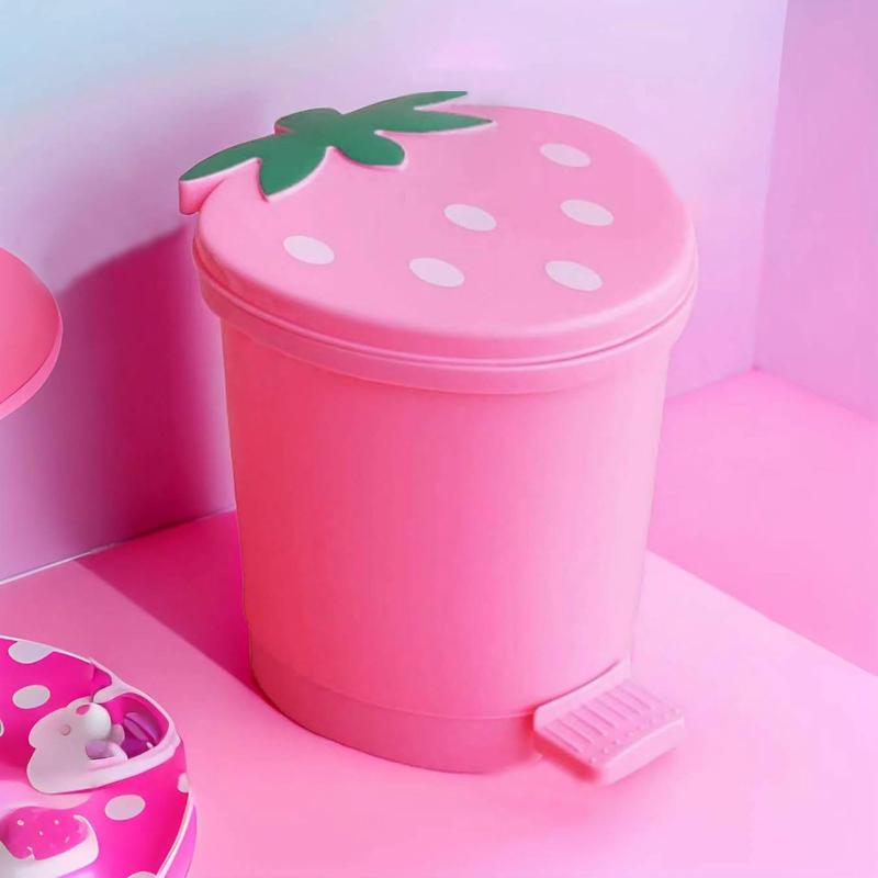 Strawberry Trash Can with Lid Cute Desk Trash Can Plastic Strawberry Garbage Can for Bedroom Small Kawaii Trash Can with 5 Rolls of Garbage Bags