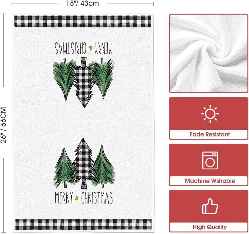 Plaid Truck Trees Kitchen Towels and Dish Towels Merry Christmas, 18 x 26 Inch Winter Drying Cloth  Towels for Cooking Baking Set of 2