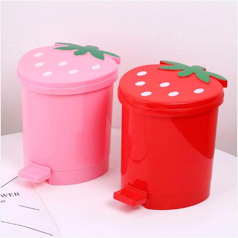 Strawberry Trash Can with Lid Cute Desk Trash Can Plastic Strawberry Garbage Can for Bedroom Small Kawaii Trash Can with 5 Rolls of Garbage Bags