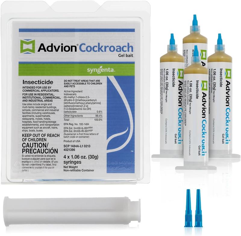 Advion Cockroach Gel Bait, 4 Tubes x 30-Grams, 1 Plunger and 2 Tips, German Roach Insect Pest Control, Indoor and Outdoor Use, Roach Killer Gel for American, German and Other Major Cockroach Species