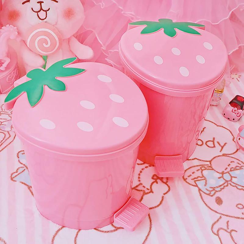 Strawberry Trash Can with Lid Cute Desk Trash Can Plastic Strawberry Garbage Can for Bedroom Small Kawaii Trash Can with 5 Rolls of Garbage Bags