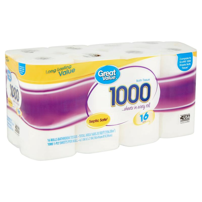 Great Value 1000 Bath Tissue Rolls, 16 Rolls