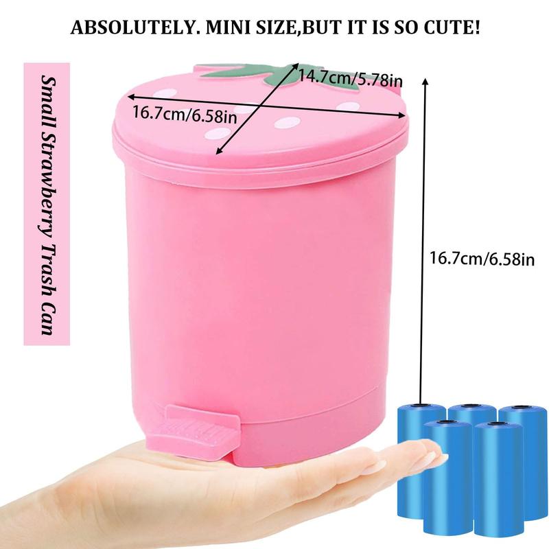 Strawberry Trash Can with Lid Cute Desk Trash Can Plastic Strawberry Garbage Can for Bedroom Small Kawaii Trash Can with 5 Rolls of Garbage Bags