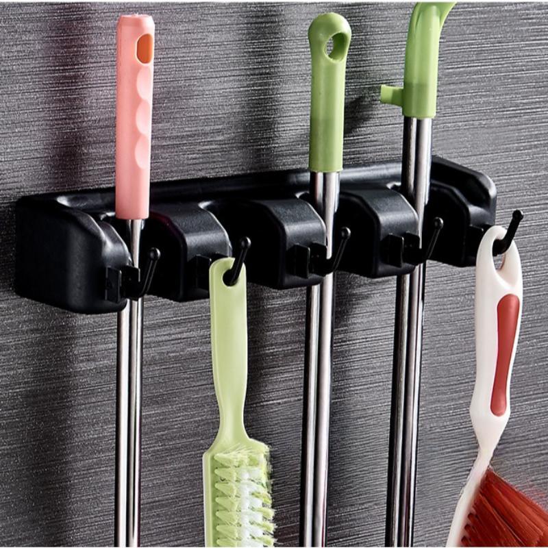 Wall Mounted Mop & Broom Holder, 1 Count Multifunctional 5 6 Hooks Mop & Broom Storage Rack, Home Storage Hook for Bathroom, Kitchen, Laundry Room