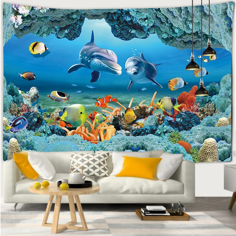 Ocean Sea World Fish Dolphin Pattern Tapestry with Installation Tools, 1 Count Wall Hanging Decor for Home Living Room Bedroom, Home Decor