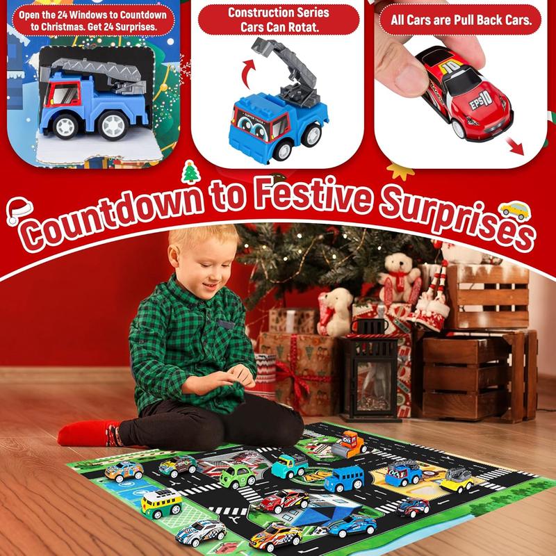 Kids Advent Calendar 2024 - 24 Days of Christmas Countdown with Pull-Back Cars, Vehicle Set & Play Mat - Holiday Party Favors, Birthday Gifts for Boys, Girls & Toddlers (Blue)