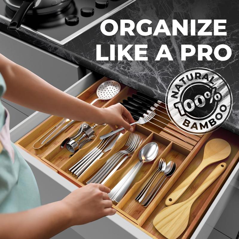 Expandable Kitchen Drawer Organizer -  Bamboo Organizer Tray - Great for Silverware, Large Utensils, Flatware, Cutlery - 8 Compartments with  Block - Perfectly Fits Your Drawers