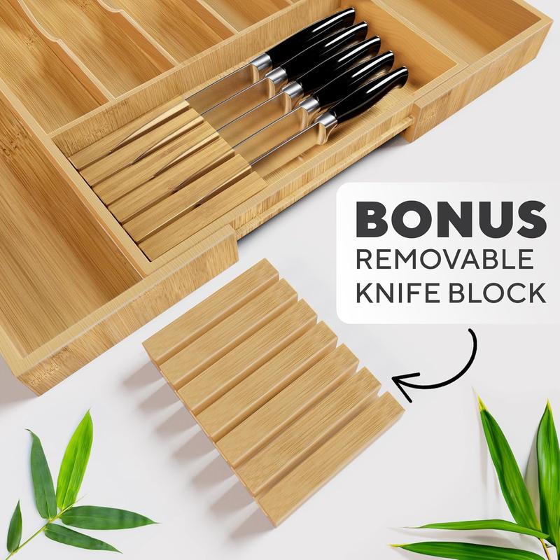 Expandable Kitchen Drawer Organizer -  Bamboo Organizer Tray - Great for Silverware, Large Utensils, Flatware, Cutlery - 8 Compartments with  Block - Perfectly Fits Your Drawers