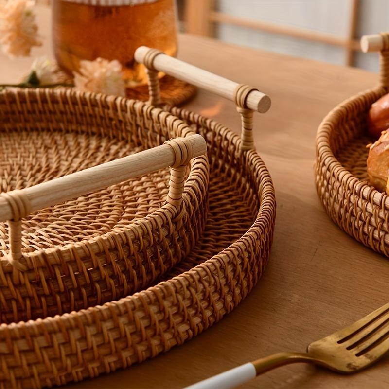 Round Rattan Storage Tray, Rattan Fruit Basket with Handle, Household Storage Basket for Kitchen Dining Room, Summer Gift