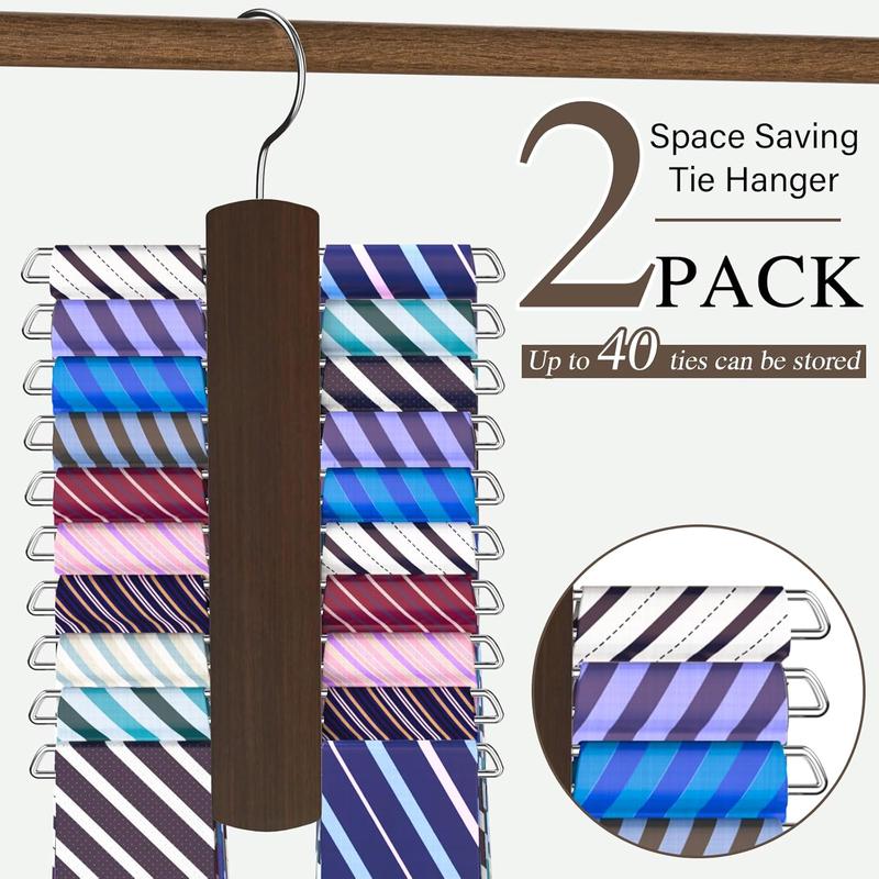 Tie Rack Hanger 2Pack, Premium Wooden Tie Organizer 40 Storage Capacity Tie Holder for Closet,360 Degree Space Saving Ties Belt Scarves Hanger for Men,Brown