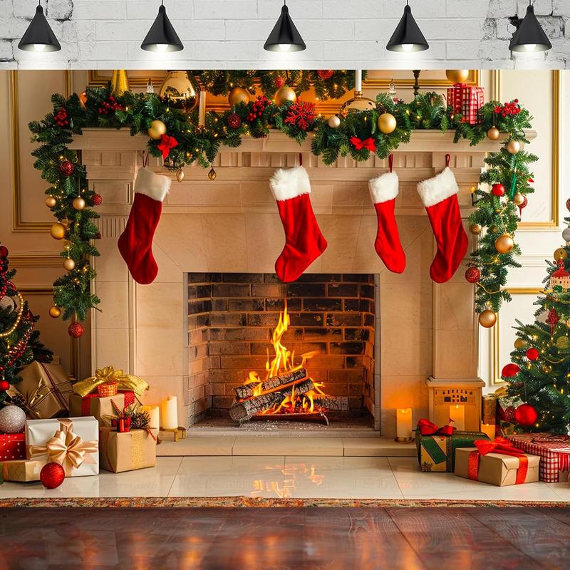 Christmas Backdrop 7x5 ft, Christmas Backdrops for Photography, Polyester Fabric Fireplace Backdrop Banner for Family Holiday Party Supplies Photo Studio Props Pictures