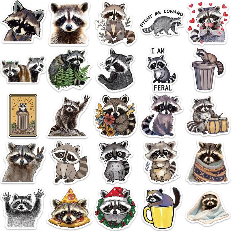 Cartoon Raccoon Pattern Sticker, 50pcs set Waterproof Self Adhesive Decor Paper, Decor Sticker for Gift Greeting Card Water Bottle Laptop Phone