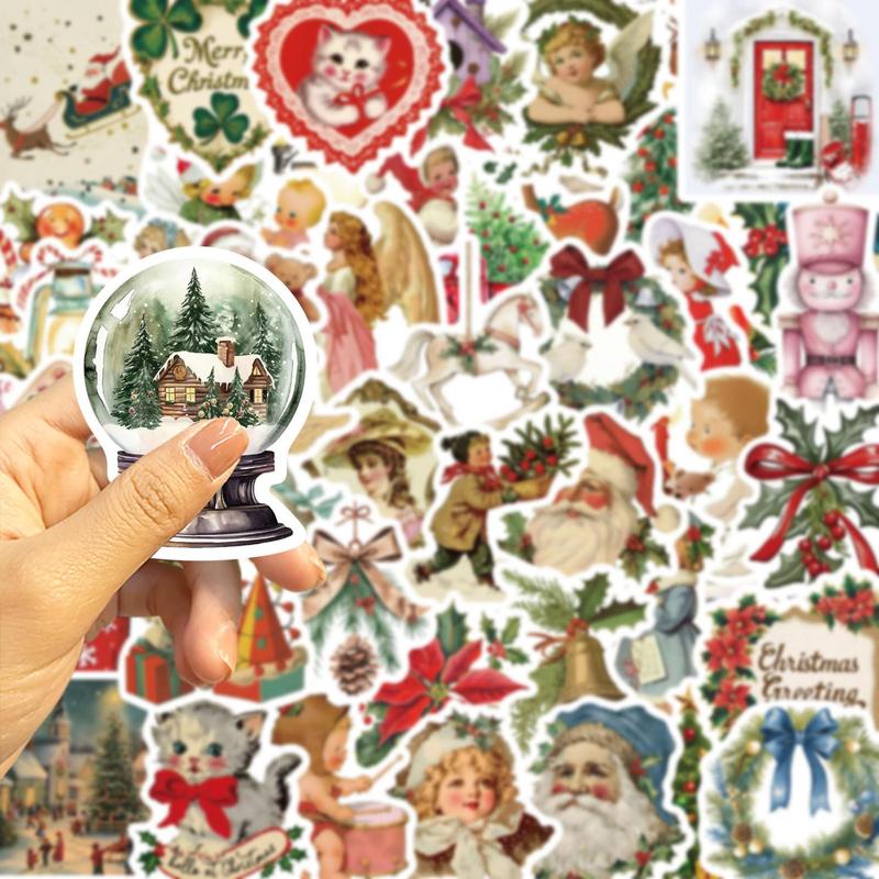 Vintage Christmas Themed Sticker, 50Pcs set Waterproof Self Adhesive Decor Paper, Decor Sticker for Gift Greeting Card Water Bottle Laptop Phone