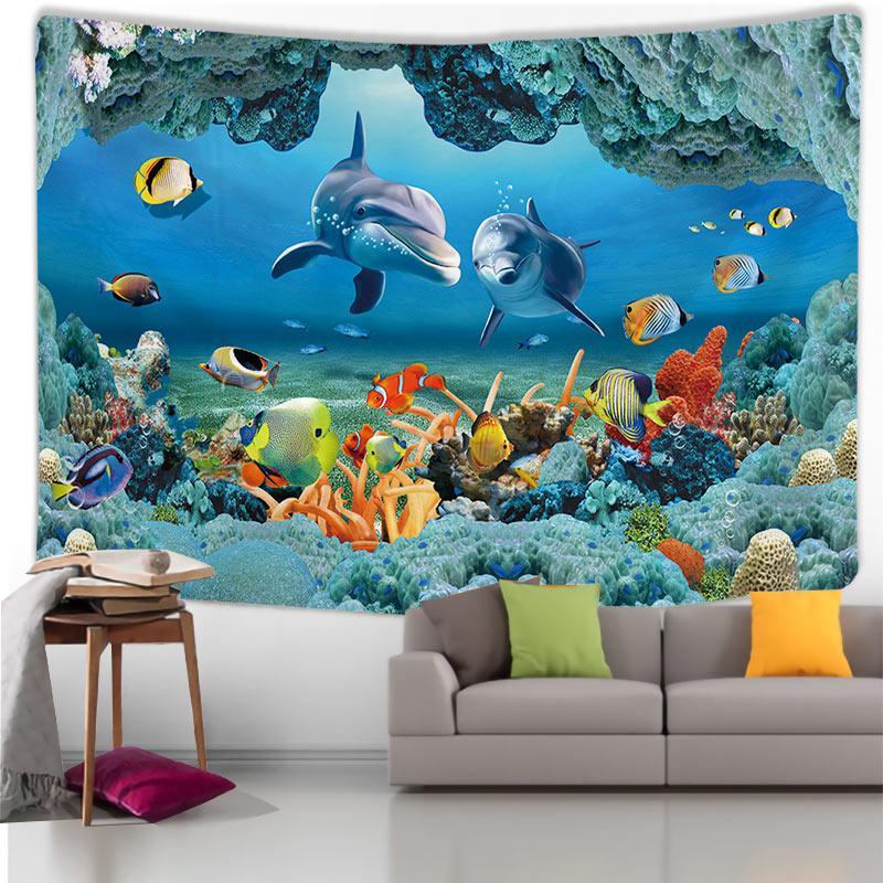 Ocean Sea World Fish Dolphin Pattern Tapestry with Installation Tools, 1 Count Wall Hanging Decor for Home Living Room Bedroom, Home Decor