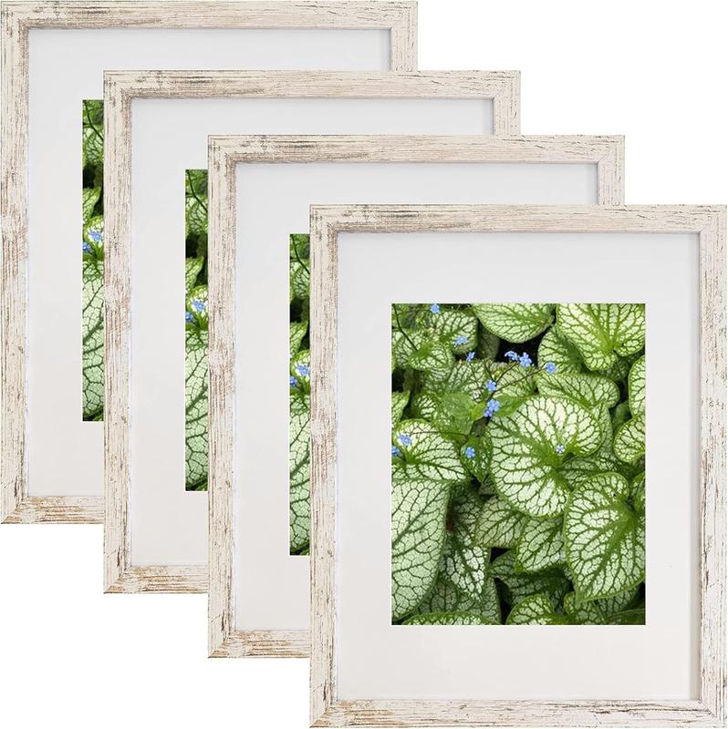 11x14 Frames Pack of 4,Display Pictures 8x10 with Mat or 11x14 Without Mat,Wall Mounting, Distressed White