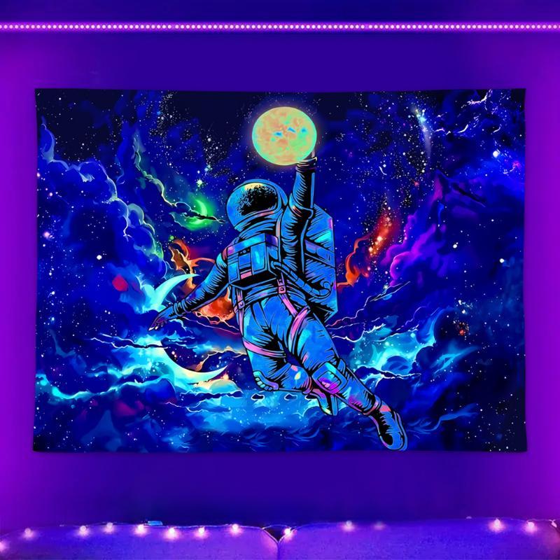 Astronaut Pattern Fluorescent Tapestry, Dark Themed Light Tapestry, Cool Milky Way Space Starry Sky Tapestry, Living Room Bedroom Aesthetic Decor Wall Hanging