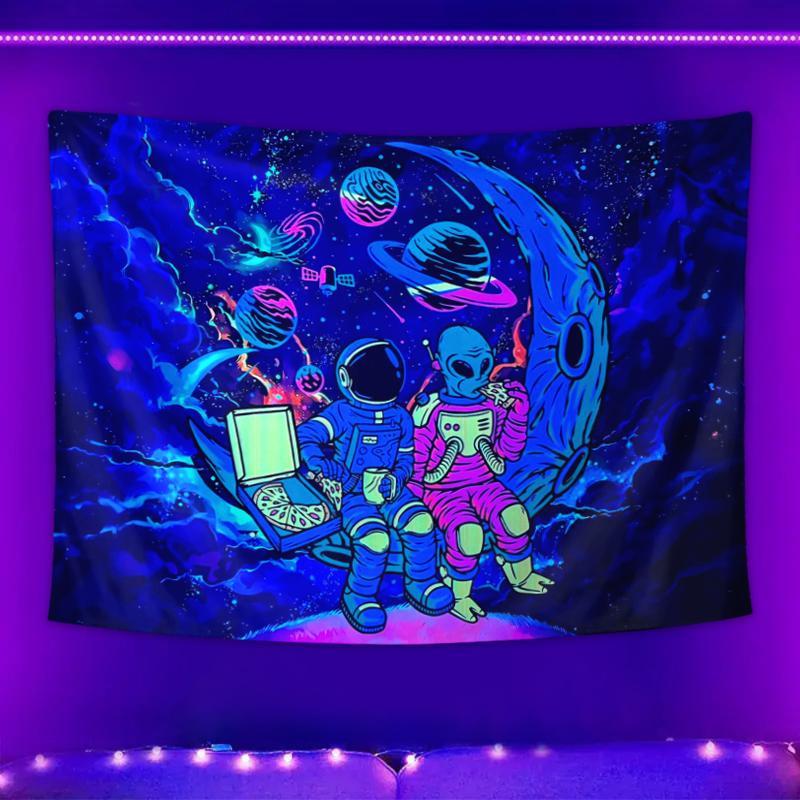 Astronaut Pattern Fluorescent Tapestry, Dark Themed Light Tapestry, Cool Milky Way Space Starry Sky Tapestry, Living Room Bedroom Aesthetic Decor Wall Hanging