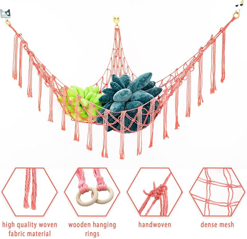 Boho Stuffed Animals Net or Hammock Large,55 inch  Hammock Macrame Stuff Animal Storage Corner Hanging Net Holder,Mesh Hammock Plush  Organizer with Hooks for Bedroom,Nursery (Deep Pink)