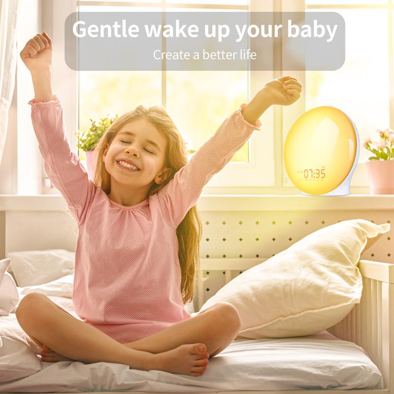 Wake Up Light Sunrise Alarm Clock for Kids, Heavy Sleepers, Bedroom, with Sunrise Simulation, Sleep Aid, Dual Alarms, FM Radio, Snooze, Nightlight, Daylight, 7 Colors, 7 Natural Sounds, Ideal for Gift